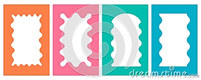 Psychedelic retro wavy frame. Rectangle groovy border with scallop edge. Vector doodle squiggle aesthetic banners. Funky Vector Illustration