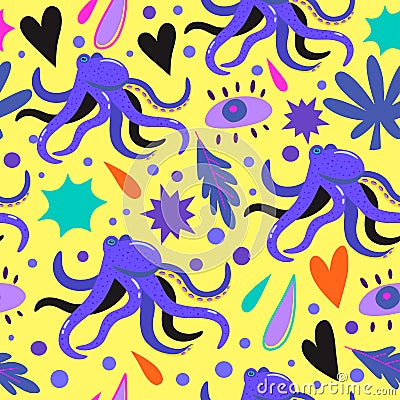 Psychedelic seamless pattern with doodle colorful design elements. Abstract simple shapes, hearts and octopus. Vector Illustration