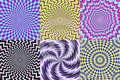 Psychedelic spiral. Optical illusion, delusion spirals and colorful abstraction hypnosis spiral vector illustration set Vector Illustration