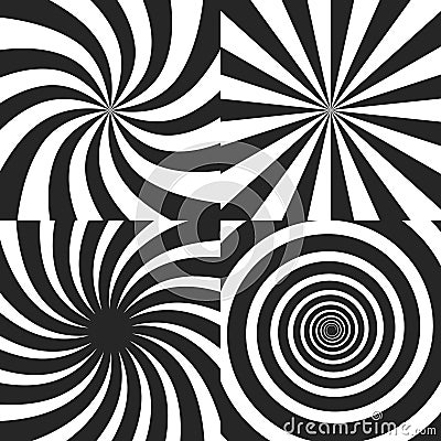 Psychedelic spiral with radial rays, twirl, twisted comic effect, vortex backgrounds - vector set Vector Illustration