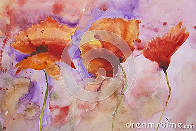 Psychedelic splashed poppies watercolour painting Stock Photo