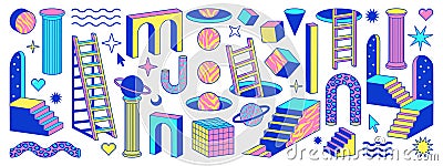 Psychedelic stickers with geometric shapes, surreal elements in trendy surreal trippy style. Vector Illustration