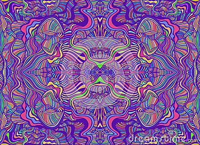 Psychedelic trippy abstract mandala with wavy ornaments, rainbow multicolor texture. Vector Illustration