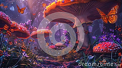psychedelic trippy wonderland landscape with mushrooms, flowers, butterflies, fantasy bright neon illustration, AI Cartoon Illustration