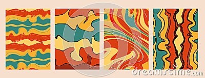 Psychedelic waves pattern retro 70s set of posters, backgrounds for your design. Hippie groovy texture. Vector Vector Illustration