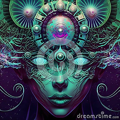 psychedelic woman full face portrait looking straight into camera, neural network generated art Stock Photo