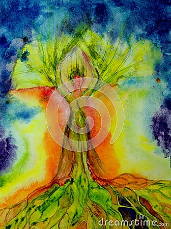 Psychedelic woman tree of life with aura. Stock Photo