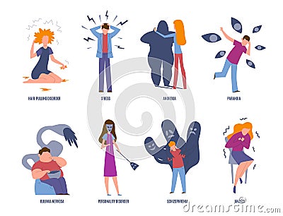 Psychiatric illness. Mental disorders, paranoia and panic, bulimia and stress. Anxiety and anorexia psychic diseases Vector Illustration