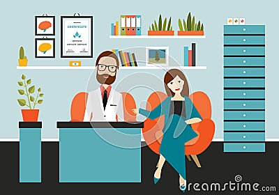 Psychiatrist doctor listening to female patient with sadness and depression. Vector Illustration