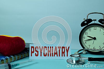 Psychiatry Planning on Background of Working Table with Office Supplies. Stock Photo