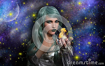 Psychic Woman With Blue Hair and crystal ball Stock Photo