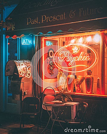 Psychic sign at night, in the East Village, Manhattan, New York City Editorial Stock Photo