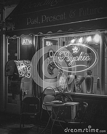 Psychic sign at night, in the East Village, Manhattan, New York City Editorial Stock Photo