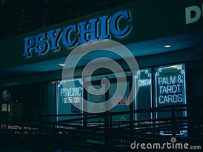 Psychic sign at night, Laughlin, Nevada Editorial Stock Photo