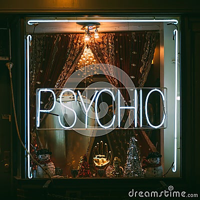 Psychic sign at night, in the West Village, New York City Editorial Stock Photo