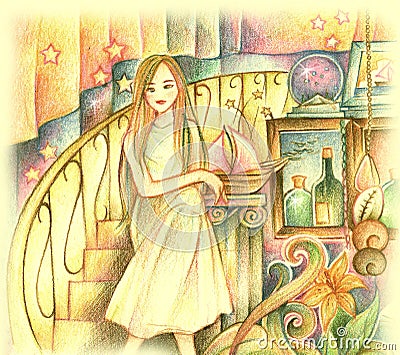 Psychic Woman Sitting on the Stairs Pencil Color Illustration Cartoon Illustration