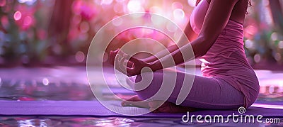 Psychic women embrace spirituality and esotericism through meditation and yoga with bokeh lights Stock Photo