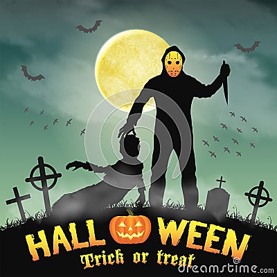 Psycho serial killer with knife in graveyard Vector Illustration