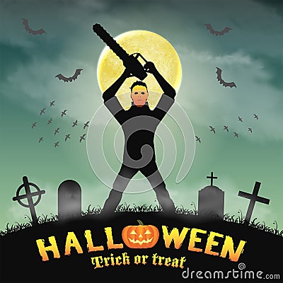 Psycho serial killer with mask and chainsaw in night graveyard Vector Illustration