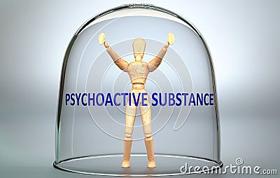 Psychoactive substance can separate a person from the world and lock in - pictured as a human figure locked inside a glass with a Cartoon Illustration