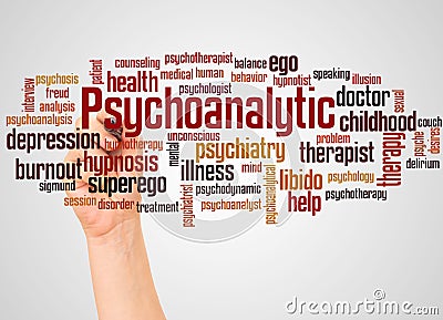 Psychoanalytic word cloud and hand with marker concept Stock Photo