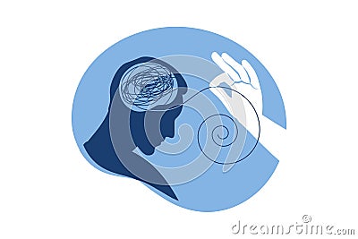 Psychologic therapy session concept. Helping hand unravels the tangle of thoughts of a man with mental disorder, anxiety and Vector Illustration