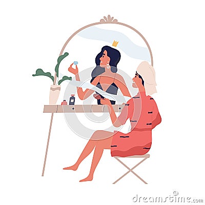 Psychological concept of high self-esteem, complacency, and narcissism. Selfish woman looking in mirror and dreaming to Vector Illustration