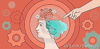 Psychological Illustration of human thinking, brain mechanics, woman complexes, problems Vector Illustration