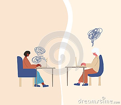 Psychological help online. Counseling concept. Internet therapy session with stressed patient. Psychiatrist and client talking Vector Illustration