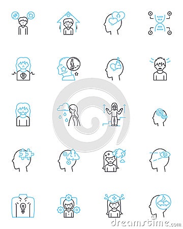 Psychological mindset linear icons set. Resilience, Perseverance, Positivity, Motivation, Confidence, Gratitude Vector Illustration