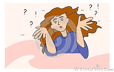 Concerned, surprised woman spreads her arms to the sides and asks questions Vector Illustration