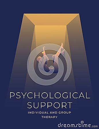 Psychological support concept art poster. Falling naked man in the dark. Cartoon Illustration