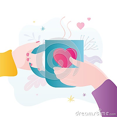 Psychological support for loved one. Girl passes mug full of love to partner hands. Female hand gently gives cup to beloved Vector Illustration