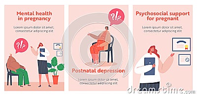 Psychological Support for Pregnant Woman Posters. Group of Pregnant Women Visit Maternity Courses. Childbirth Assistance Vector Illustration