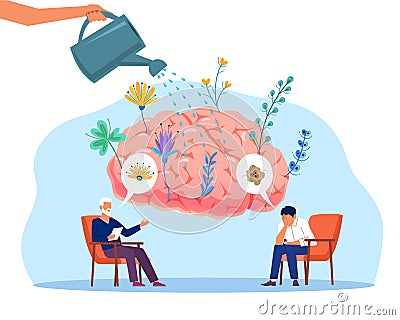Psychological support. Recovery and mental rehabilitation after depression or trauma, doctor helps man solving problems Vector Illustration