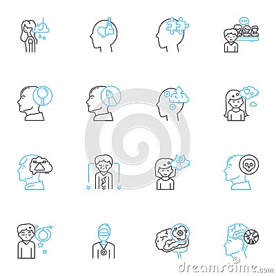 Psychological Thought linear icons set. Cognition, Perception, Emotions, Behavior, Determinism, Mindset, Self-reflection Vector Illustration