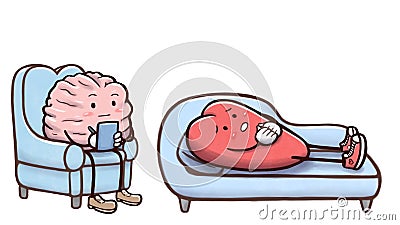 Psychologist brain in a therapy session with a patient heart on couch - isolated in white background Cartoon Illustration