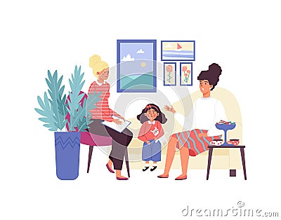 Psychologist having session with patient - angry kid girl and worried mother. Vector Illustration