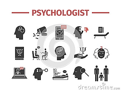Psychologist icons set. Conceptual infographics. Counseling psychology. Vector sign for web graphics. Vector Illustration