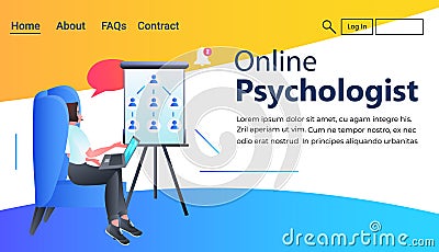 psychologist with laptop solving psychological problem online consultation psychotherapy session Vector Illustration