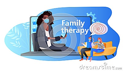 psychologist in mask dealing with problems in family relationships solving psychological problem online session Vector Illustration