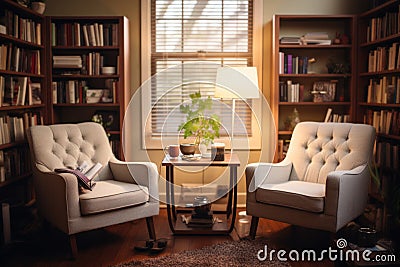 An psychologist's office, with comfortable chairs, soothing colors, and bookshelves filled with psychology literature. Stock Photo