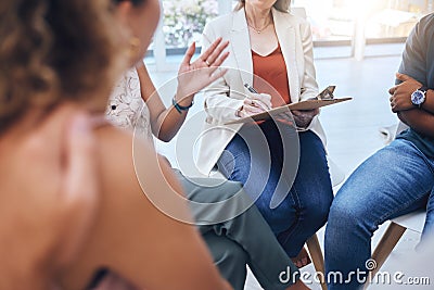 Psychologist therapy group support, writing notes stress anxiety and empathy listening to patient speaking. Mental Stock Photo