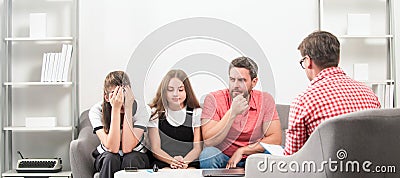 Psychologist with young couple, psychotherapist or marriage counselor listen mental health of couple and child, Parents Stock Photo