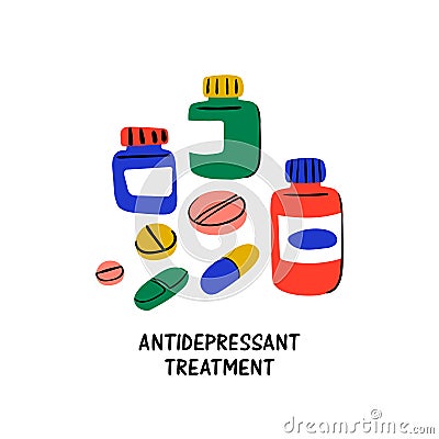 Psychology. Antidepressant treatment. Medication in jars and antidepressants pills. Medical cure against stress and Vector Illustration