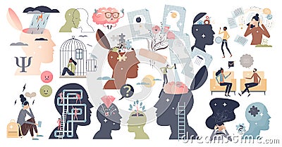 Psychology as medical mental health problems in tiny person collection set Vector Illustration