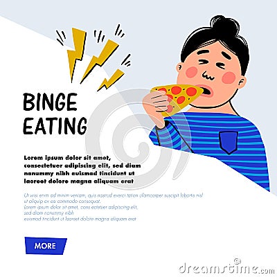 Psychology. Binge eating. Woman character with slice of pizza. Overweight female person suffering from overeating Vector Illustration