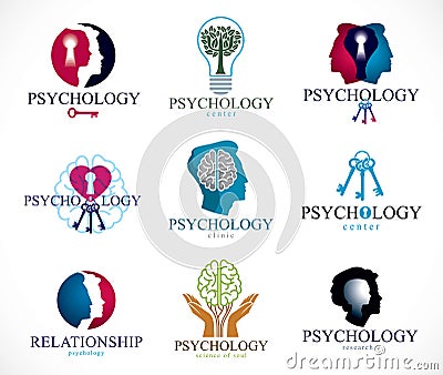 Psychology, brain and mental health vector conceptual icons or logos set. Relationship and gender psychology problems and Vector Illustration