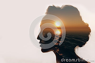 Psychology concept. Sunrise and woman silhouette. Stock Photo