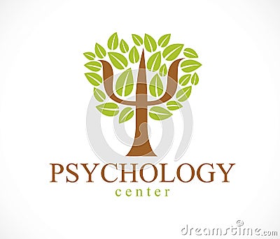 Psychology concept vector logo or icon created with Greek Psi symbol as a green tree with leaves, mental health Vector Illustration